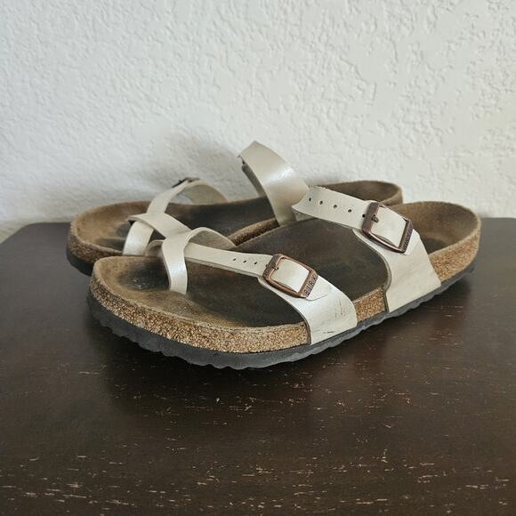 Birkenstock Mayari Sandals Womens 9 Leather Cream Pearl Slip On Shoes Comfort - Picture 1 of 12